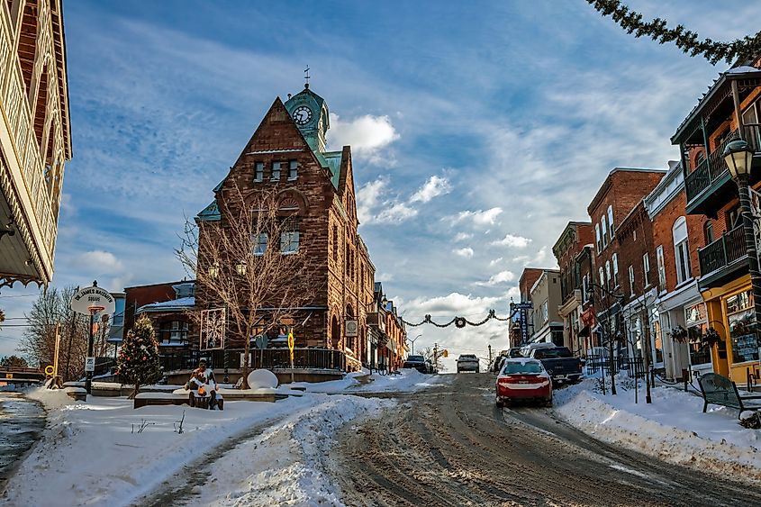 View of rustic buildings along Main Street in Almonte, Ontario.
