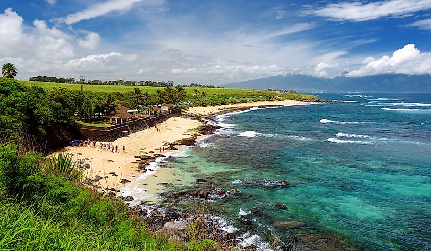 Famous Hookipa beach, popular surfing spot filled with a white sand beach, picnic areas and pavilions