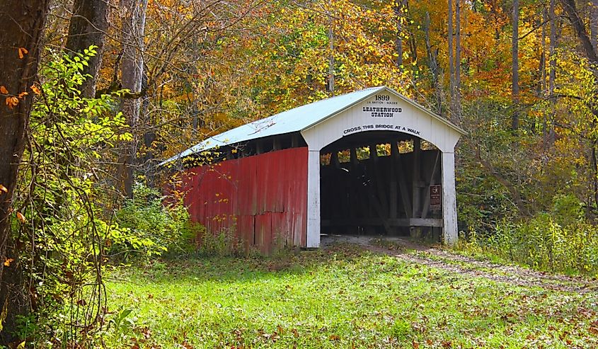 Leatherwood Station Covered Bridge in rural Parke County, Indiana on an October afternoon