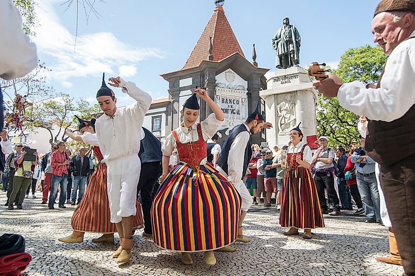 A traditional Madeira folk group performs in the city of Funchal on the Island of Madeira.