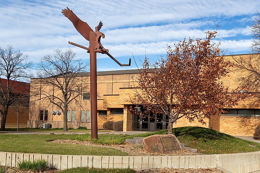 CROOKSTON, MN, USA, NOVEMBER 18, 2024: The Golden Eagle Monument at the University of Minnesota Crookston.
