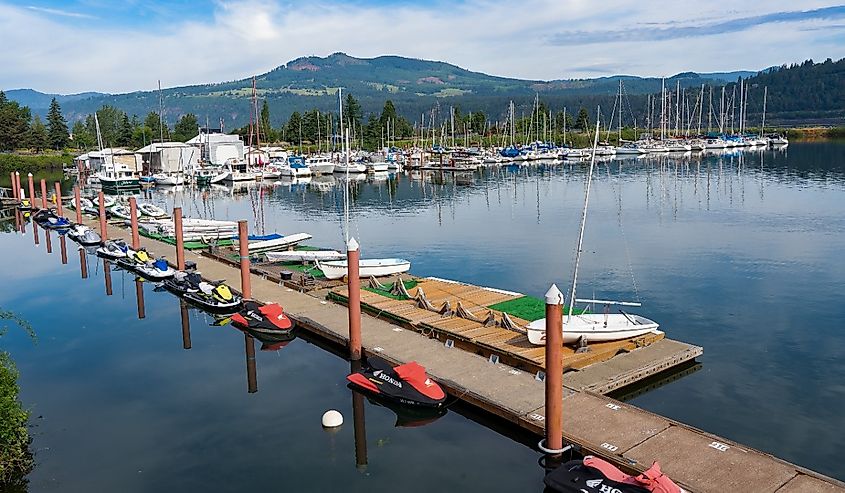 Sail boats and other water craft in the Hood River Marina, Oregon.