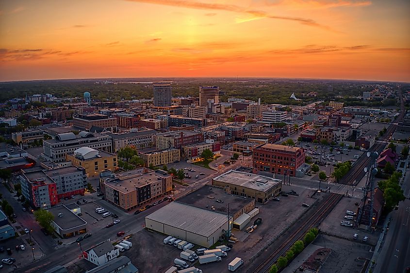 Aerial View of a Sunrise over Fargo, North Dakota, during late Spring.
