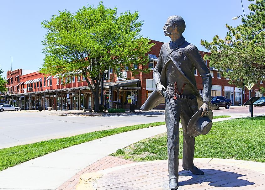 Bronze sculpture of Wyatt Earp as part of the Trail of Fame in the historic district of the city in Dodge City. Editorial credit: Michael Rosebrock / Shutterstock.com