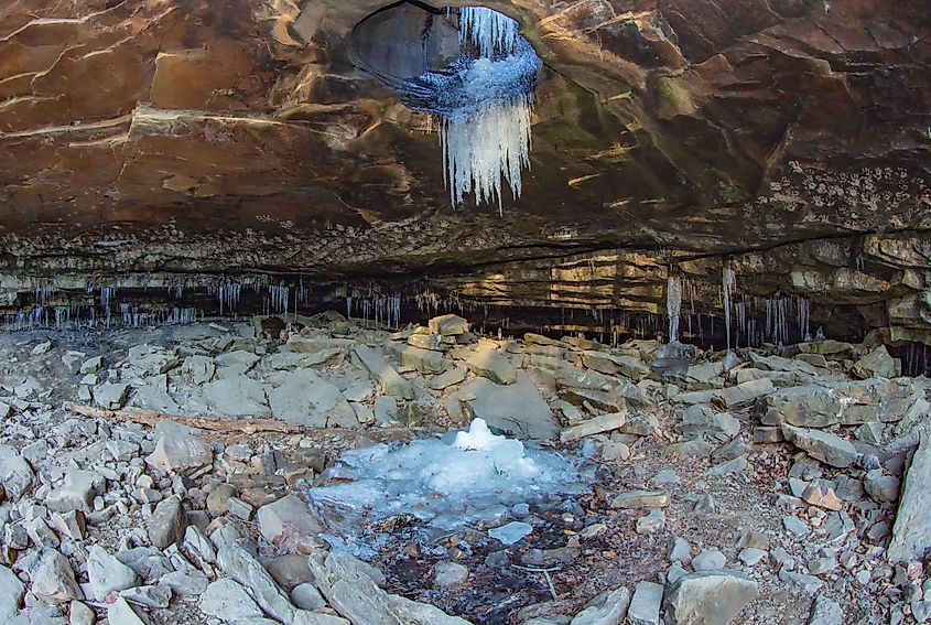 Icicles hang From Arkansas's Glory Hole Falls.