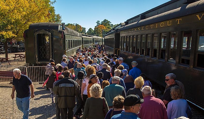 People preparing to board the antique train at Essex Train Station in Essex, Connecticut.