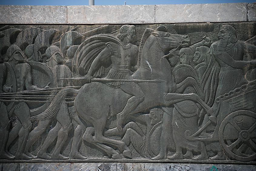 A sculpture of Alexander the Great riding his horse Bucephalus in Thessaloniki, Greece.