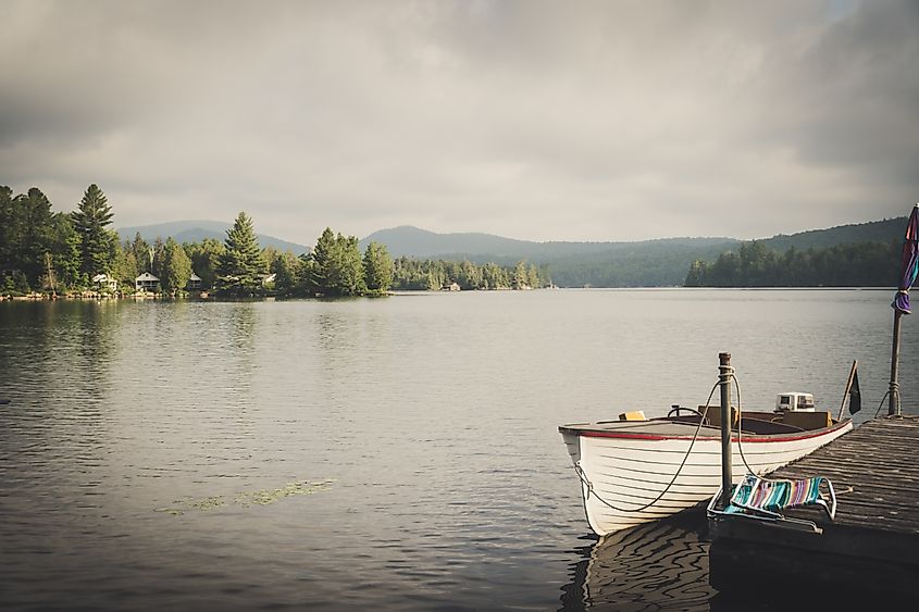 Boat on Blue Mountain Lake, Indian Lake, Adirondack Mountains.