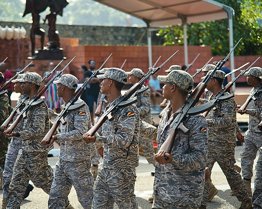 Seychelles military parade preparation in Victoria for Independence Day. Image Credit Cocotier Tours via Shutterstock.