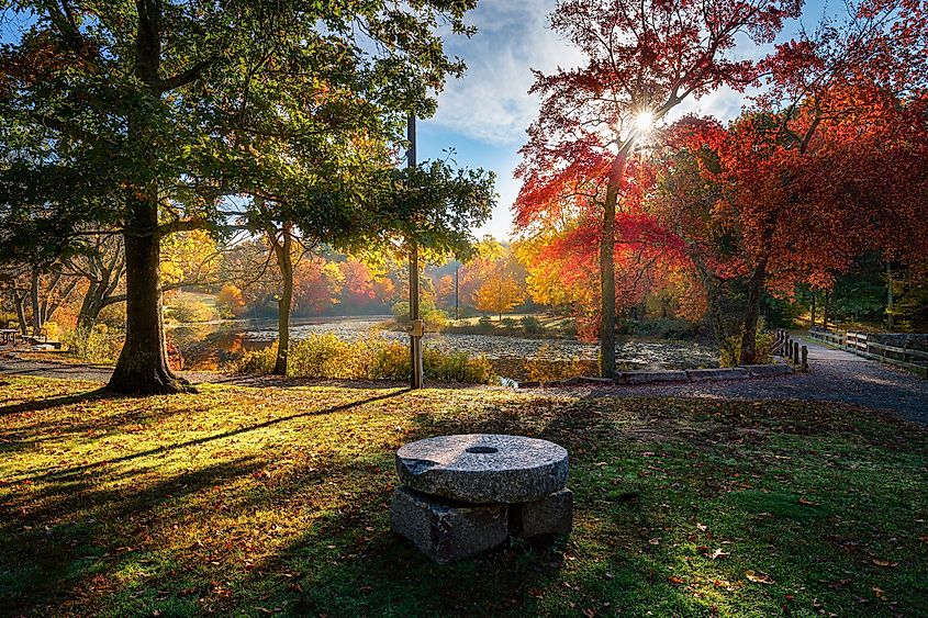 Fall morning at Southford Falls State Park in Southbury, Connecticut