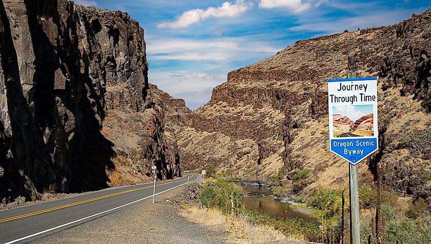 The John Day River and US highway 26 enter Picture Gorge at the start of one of Oregon's Scenic Byways.