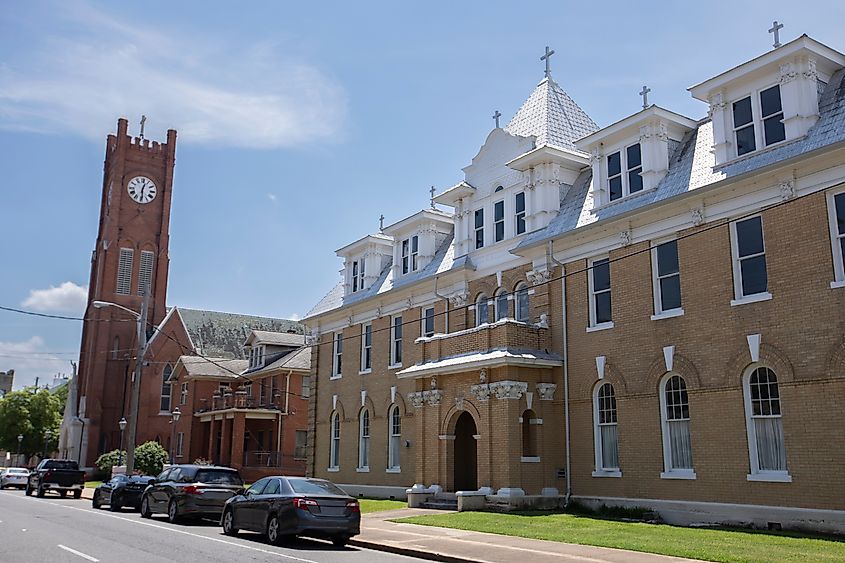 Afternoon view of historic church and structures of downtown Alexandria, Louisiana, USA.