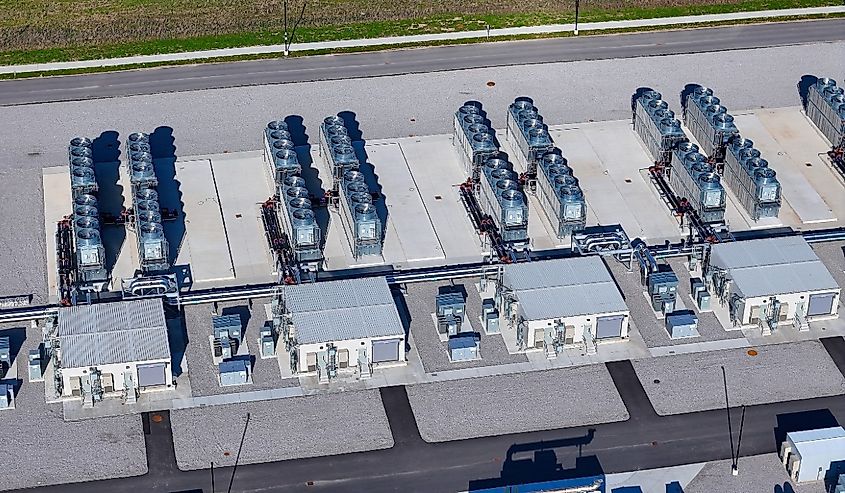 An overhead perspective of the cooling infrastructure required to power cloud computing, AI processing, and global data storage.