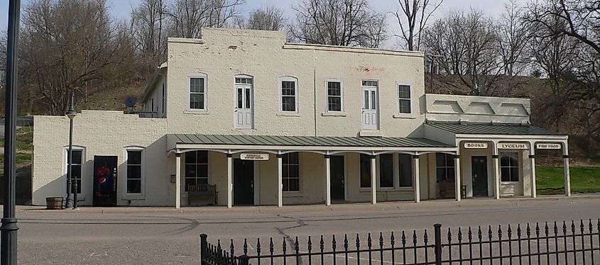 Lyceum building, on north side of Main Street in Brownville, Nebraska. The building houses a restaurant, a bookstore, and the Brownville Visitor Center.