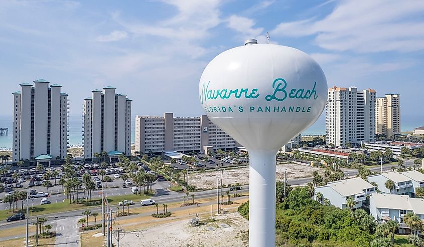 Aerial view of Navarre Beach Florida Water Tower on the Gulf of Mexico on a sunny summer day