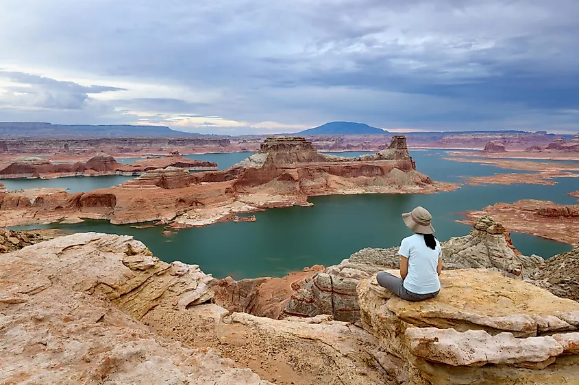 Lake Powell, a Colorado River reservoir with red canyon walls.