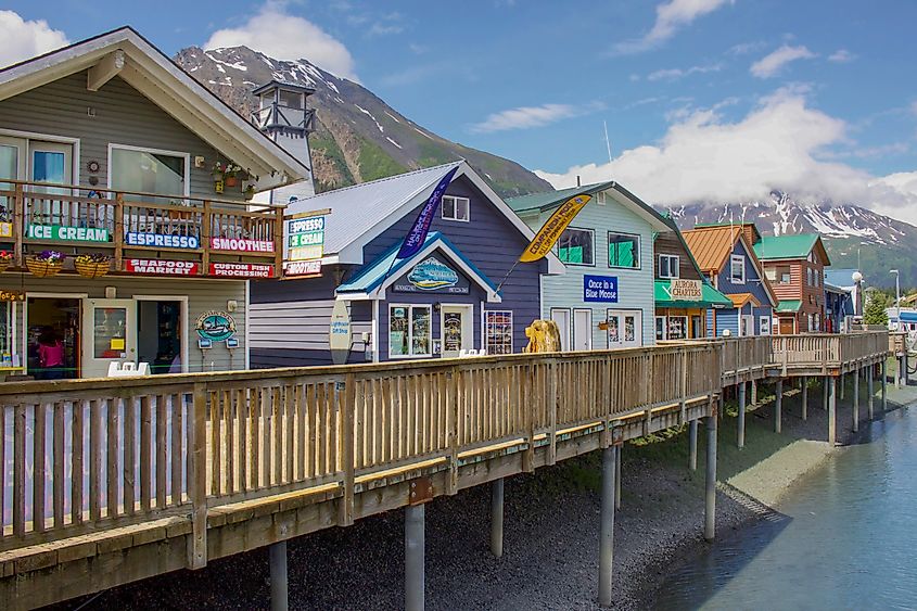 Shops lined along the coast of Seward, Alaska.