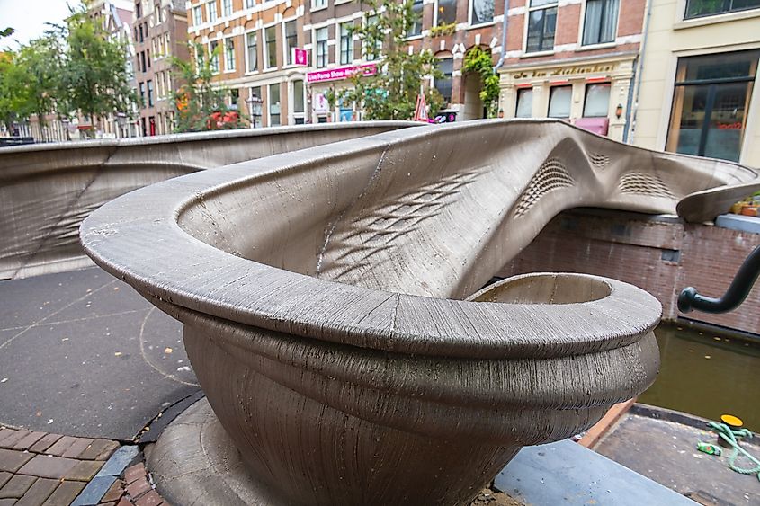 Oudezijds Achterburgwal, Amsterdam, the Netherlands: 3d printed stainless steel bridge over canal in the red light district of Amsterdam