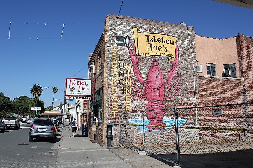 Folks in Isleton love crawdads. Eugene Kim from San Francisco, USA, CC BY 2.0 <https://creativecommons.org/licenses/by/2.0>, via Wikimedia Commons https://upload.wikimedia.org/wikipedia/commons/1/12/Isleton_Joe%27s_%287384089296%29.jpg https://commons.wikimedia.org/wiki/File:Isleton_Joe%27s_(7384089296).jpg