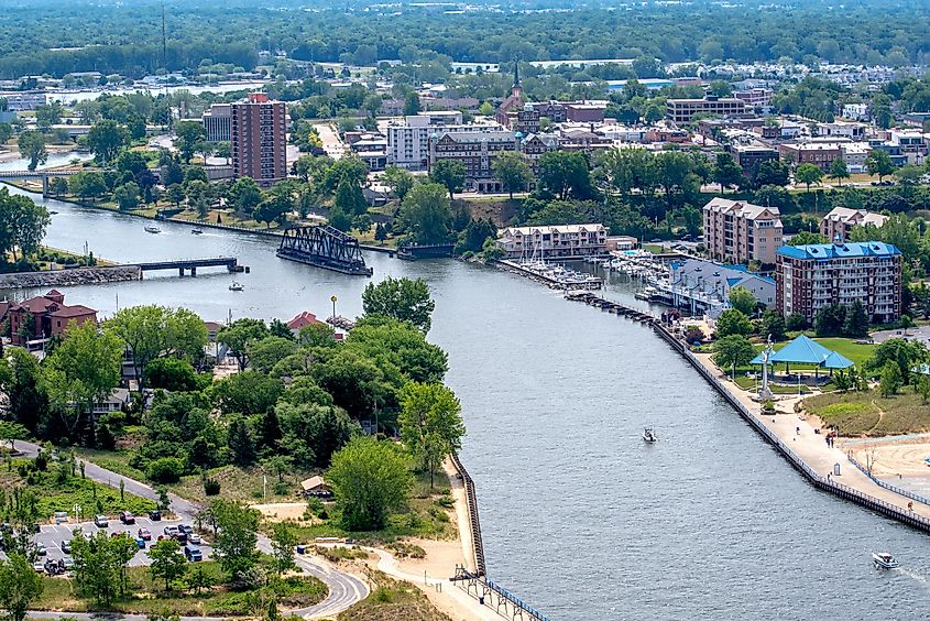 An aerial view of St. Joseph, Michigan, showing the town and the St. Joe River.