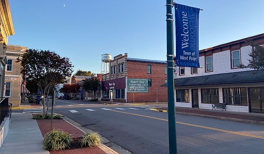 Downtown street and sidewalks in the small town of West Point which sits at the intersection of the Mattaponi and Pamunkey rivers.