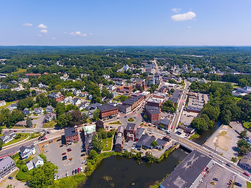 Aerial view of Main Street in town center of Hudson, Massachusetts