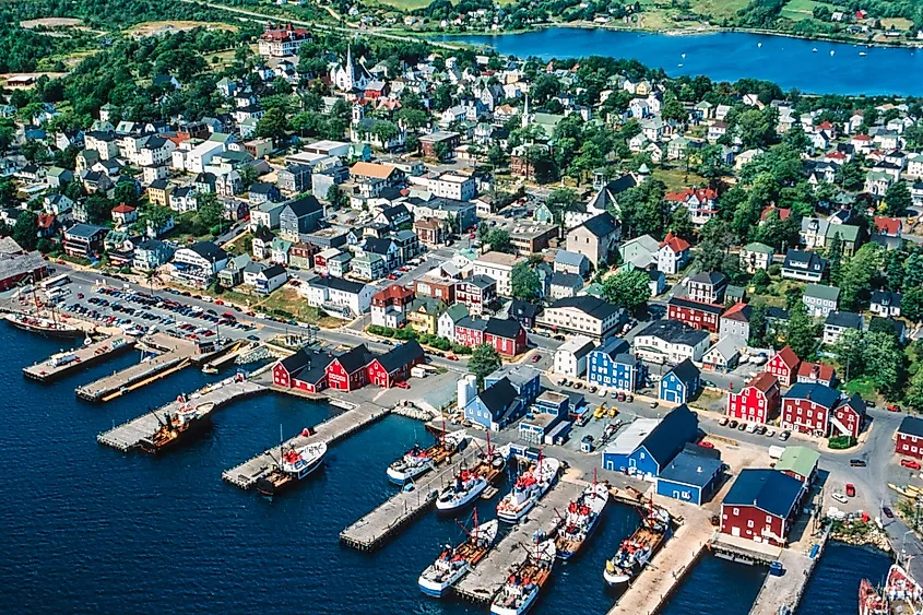 Aerial image of the waterfront harbor in Lunenburg, Nova Scotia.