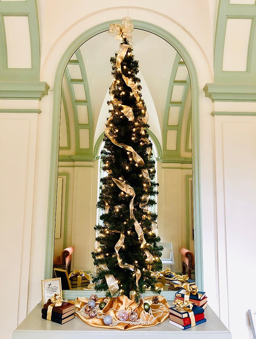 The decorative Christmas tree inside The Mount historic museum that is a country house in Lenox, Massachusetts,United States. Editorial credit: Shanshan0312 / Shutterstock.com