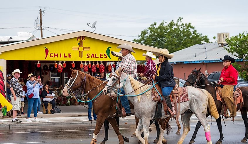 在一年一度的哈奇智利节期间，当地农场和牧场工人骑马参加游行。