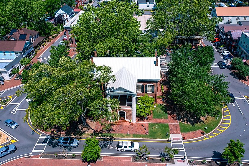 View of businesses along the main street and square in downtown Dahlonega, Georgia.