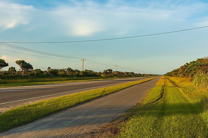 North Carolina Highway 12 on Ocracoke Island is a scenic 148-mile-long route that connects the peninsulas and islands of the northern Outer Banks.