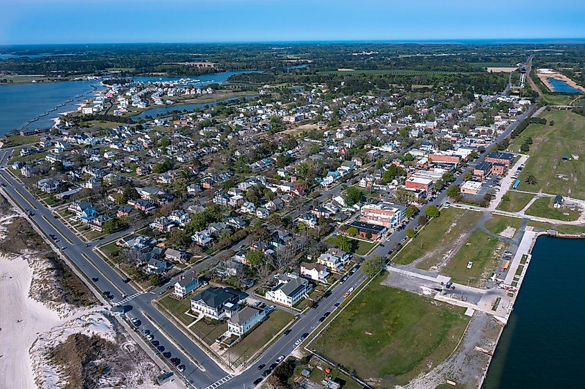 Aerial view of the town of Cape Charles Virginia looking Northeast from the Chesapeake Bay with a grid. Editorial credit: Kyle J Little / Shutterstock.com