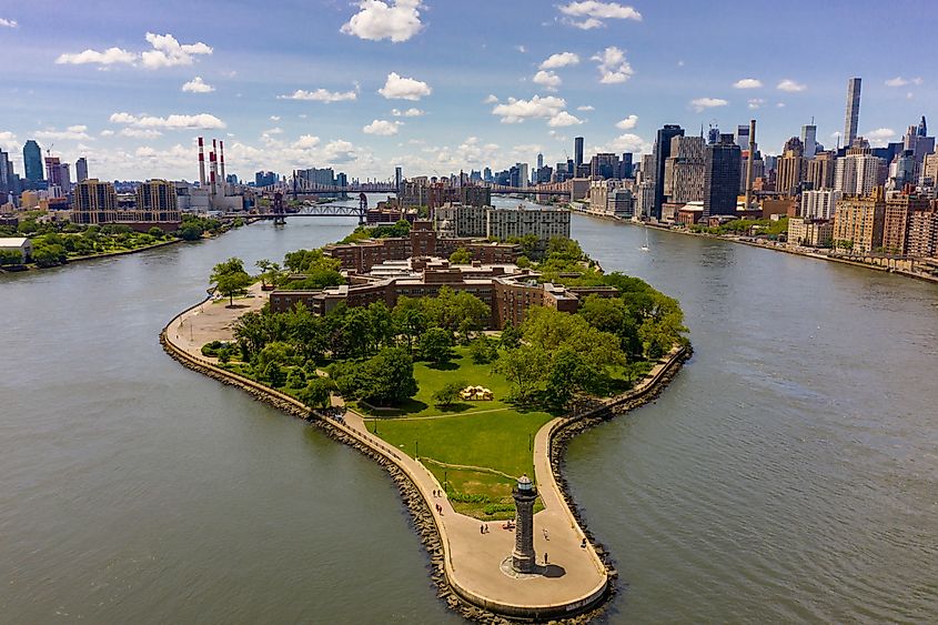 Aerial drone photo Roosevelt Island Lighthouse