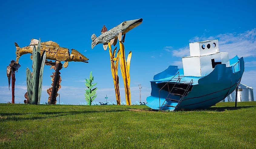 Fisherman's Dream is 1 of 8 scrap metal sculptures constructed along the 32-mile Enchanted Highway. The collection is considered the world's largest.