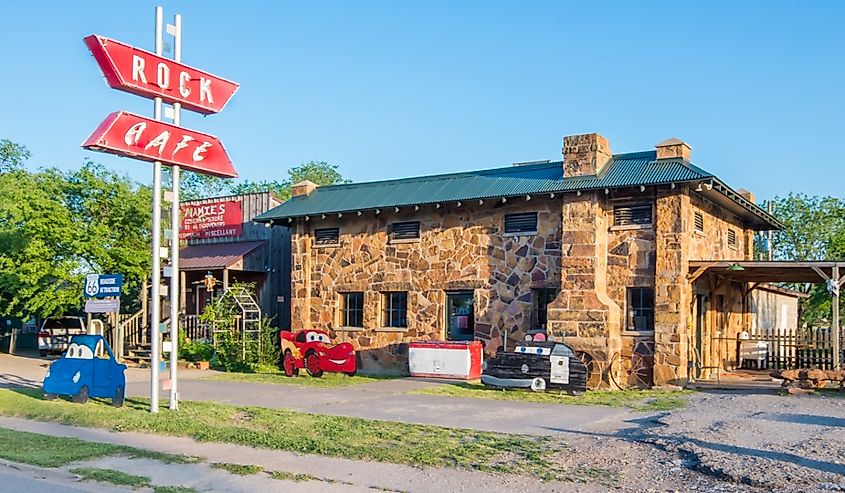 Historic Rock Cafe and neon sign, on Route 66 in Stroud, Oklahoma.