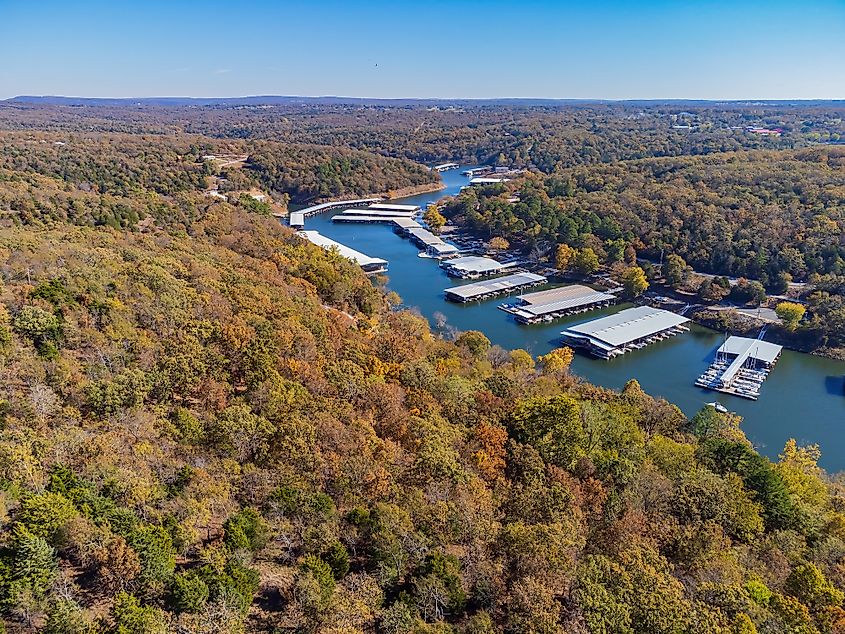 Aerial view of fall colors at Tenkiller State Park, Oklahoma.