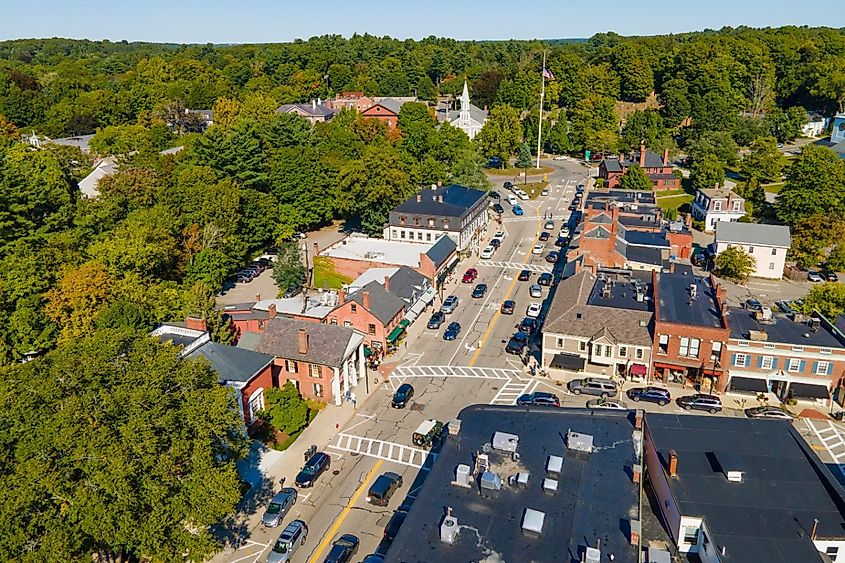 Concord historic town center aerial view in summer on Main Street in town of Concord, Massachusetts.