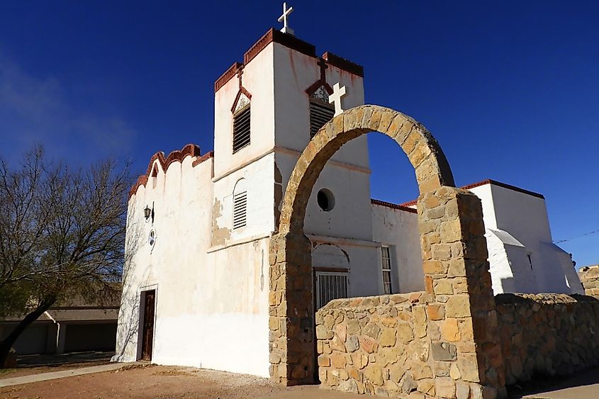 The historic adobe catholic church of nuestra senora de la candelaria in dona ana, north of las cruces, new mexico, on a sunny winter day