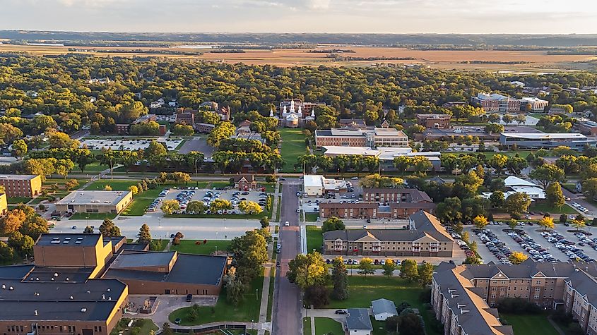 Aerial view of the University of South Dakota's Vermillion Campus in Vermillion, South Dakota