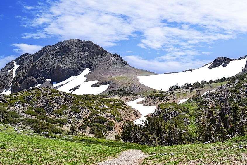 Trail to Winnemucca Lake from High Top Lake in the summer, featuring mostly melted snow packs.