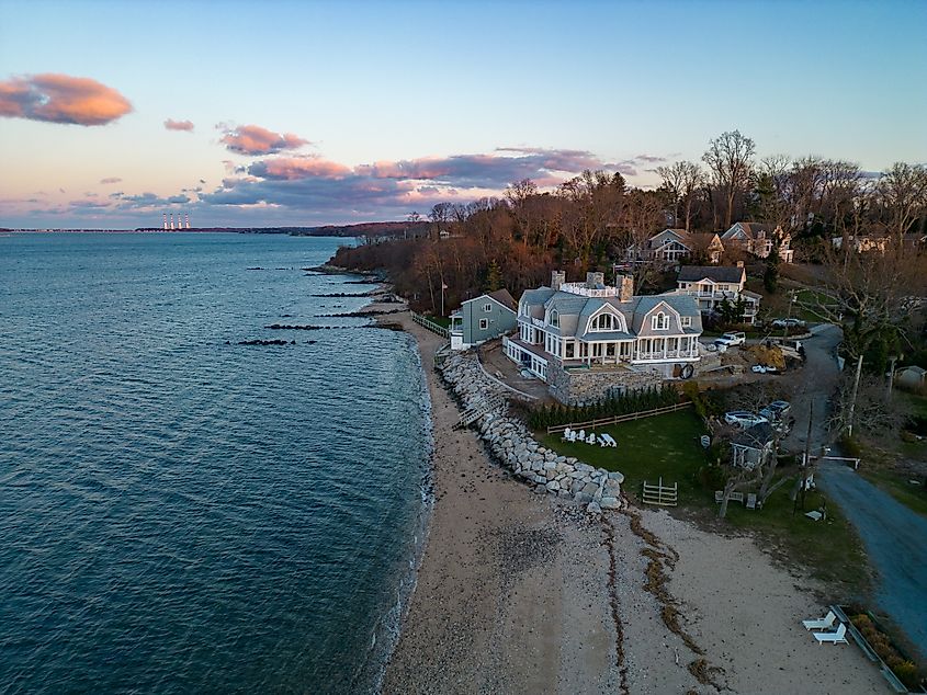 An aerial view of Huntington Harbor on Long Island, NY at sunset.