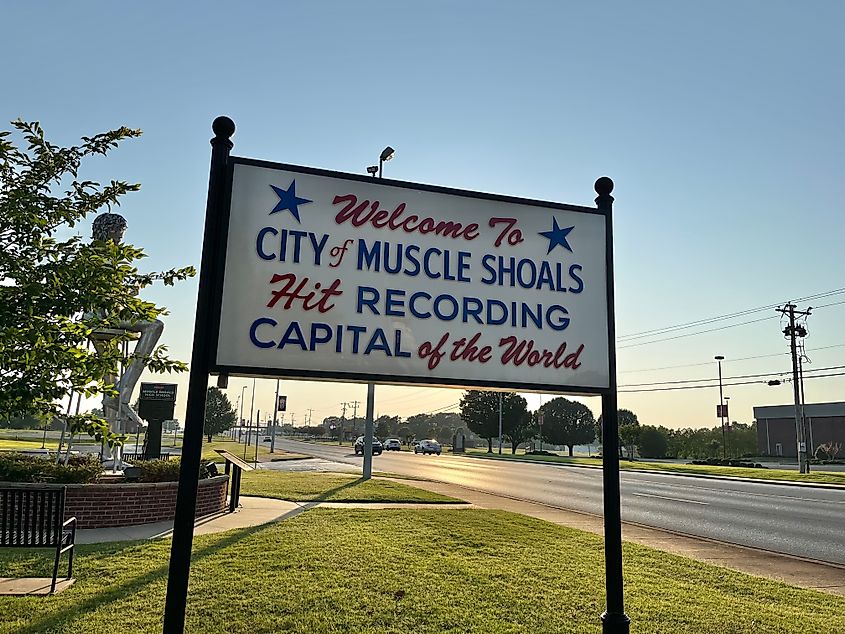 City of Muscle Shoals sign, Hit Recording Capital of the World. Editorial credit: Luisa P Oswalt / Shutterstock.com