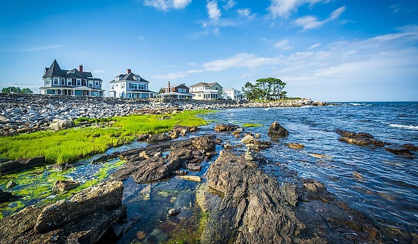 Rocky coast and beachfront homes at Concord Point, in Rye, New Hampshire.