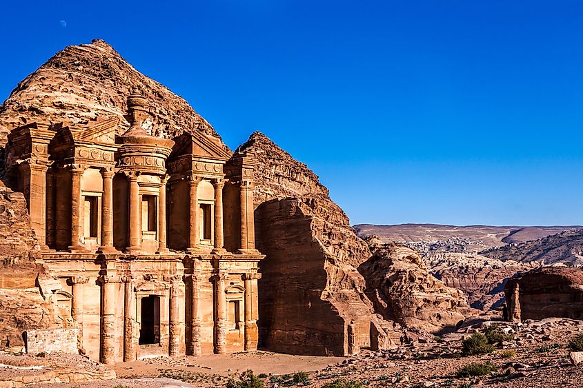The Al-Khazneh (Treasury) façade carved into the sandstone cliffs at Petra, Jordan.