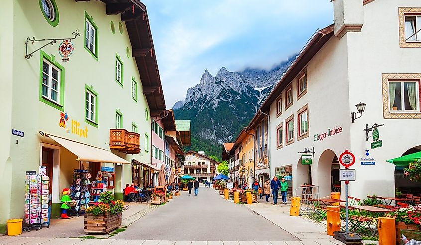 Beauty local houses in Mittenwald old town in Bavaria, Germany.