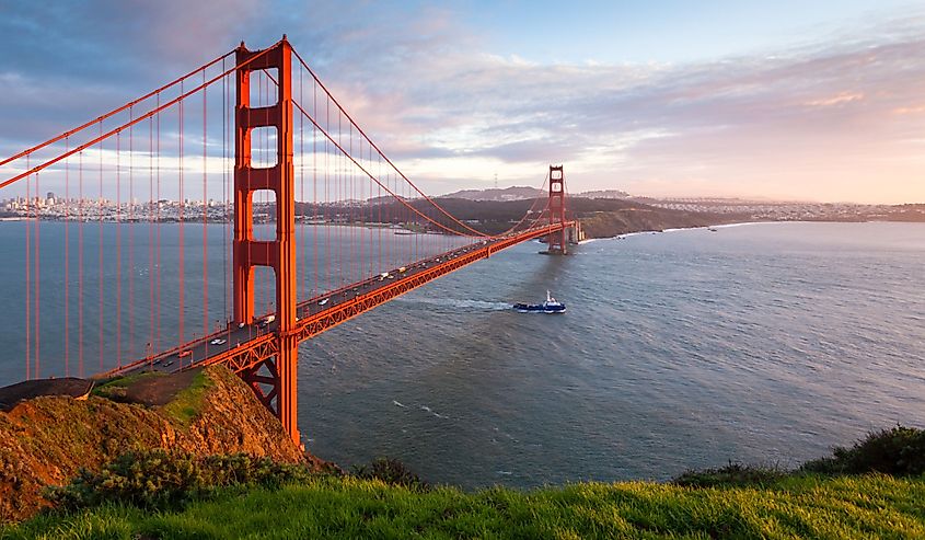 Golden Gate Bridge at sunset, seen from Marin Headlands.