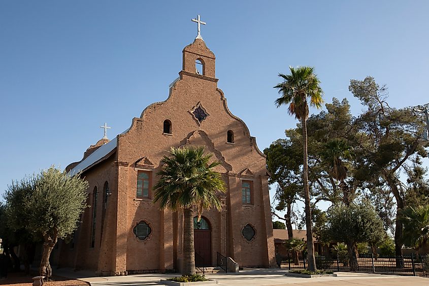 Sunset view of a historic church in downtown Florence, Arizona, USA.