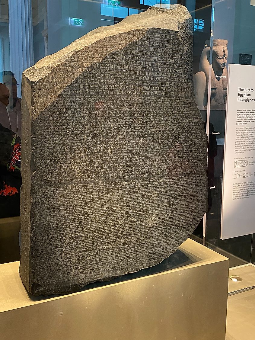 The Rosetta Stone, key to the decipherment of Egyptian hieroglyphs.