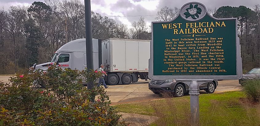 The West Feliciana Railroad signage at the visitor centre car park in St. Francisville, Louisiana.