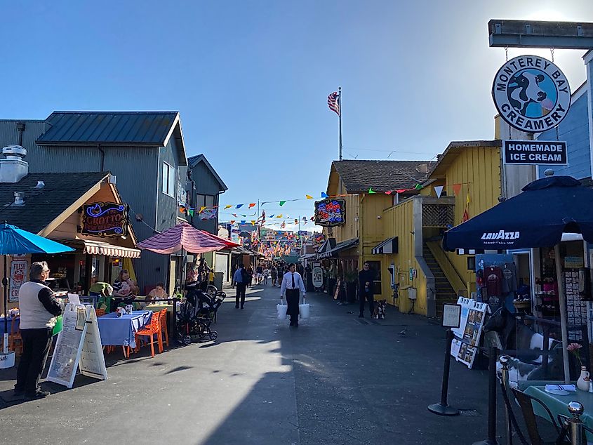 The bright, energetic, and commercialized Old Fisherman's Wharf in Monterey, California.